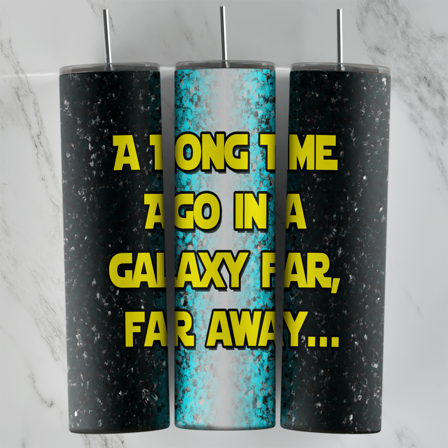 A 20 oz skinny tumbler wrap with yellow A Long Time Ago in a Galaxy Far, Far Away lettering over black and icy teal glitter. Sublimation design