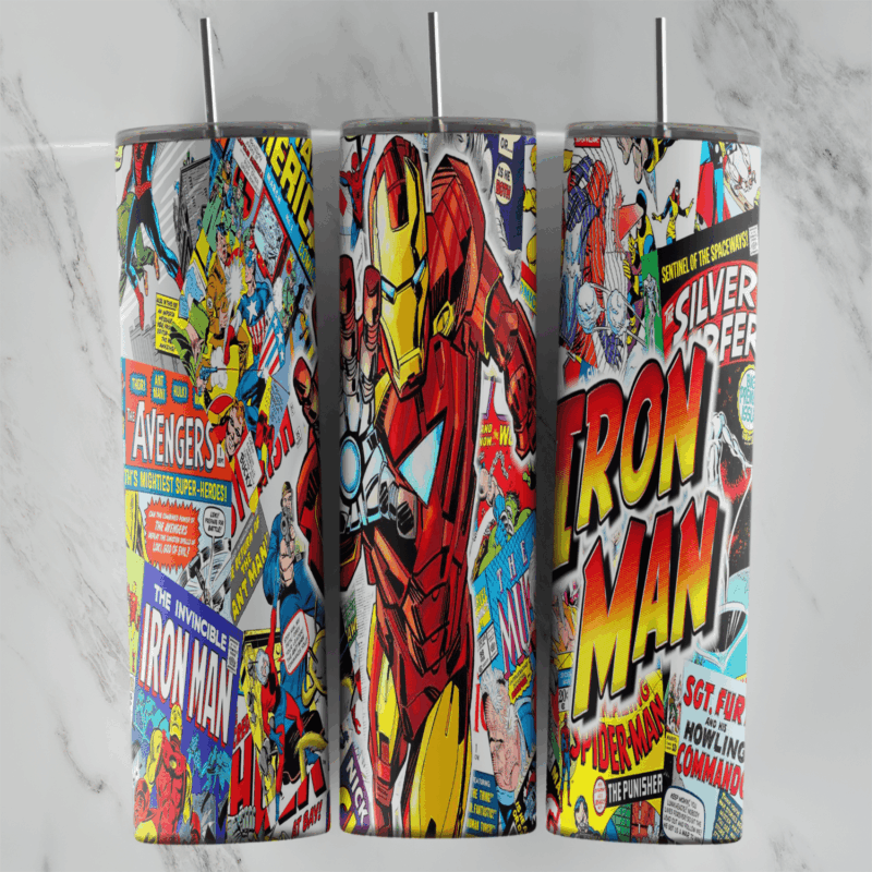 A 20 oz skinny tumbler wrap with a colorful collage of vintage Marvel comic covers, Iron Man lettering, Avengers and Silver. Sublimation design
