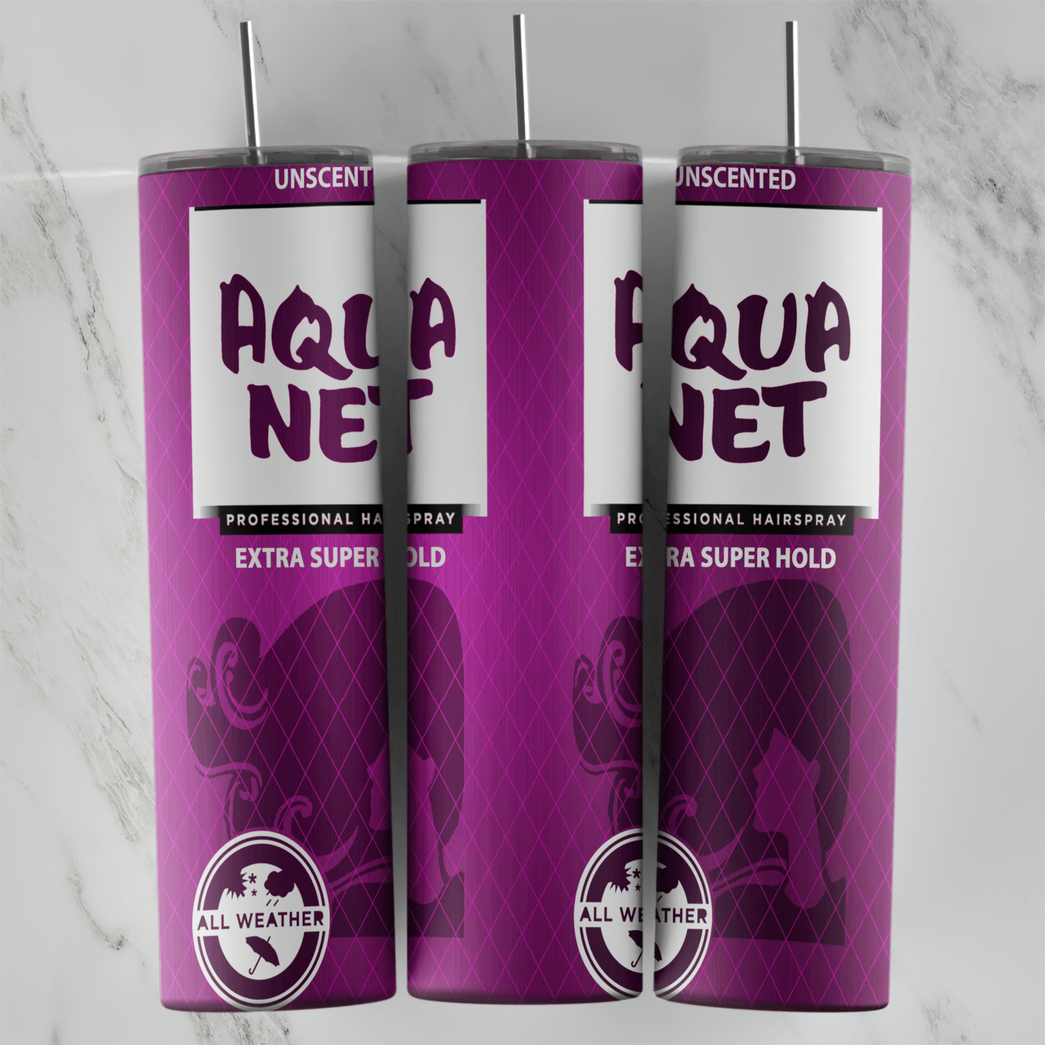 A full 20 oz skinny tumbler wrap styled as a purple Aqua Net hairspray can: the white label with Aqua Net lettering, Unscented. Sublimation design