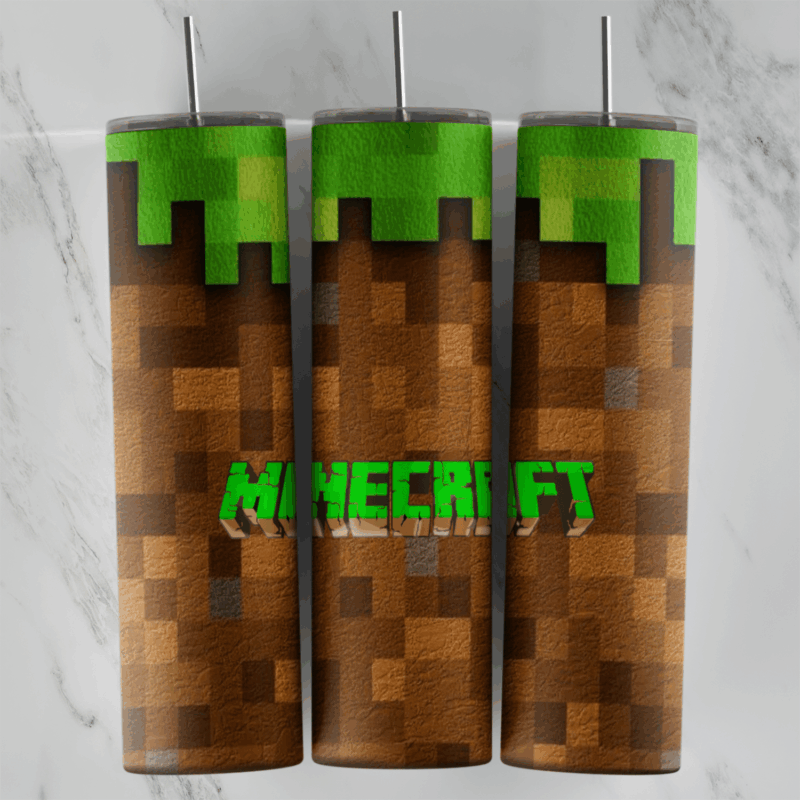 A 20 oz skinny tumbler wrap styled as a Minecraft grass block: pixel green grass dripping over brown dirt, with a green Minecraft. Sublimation design