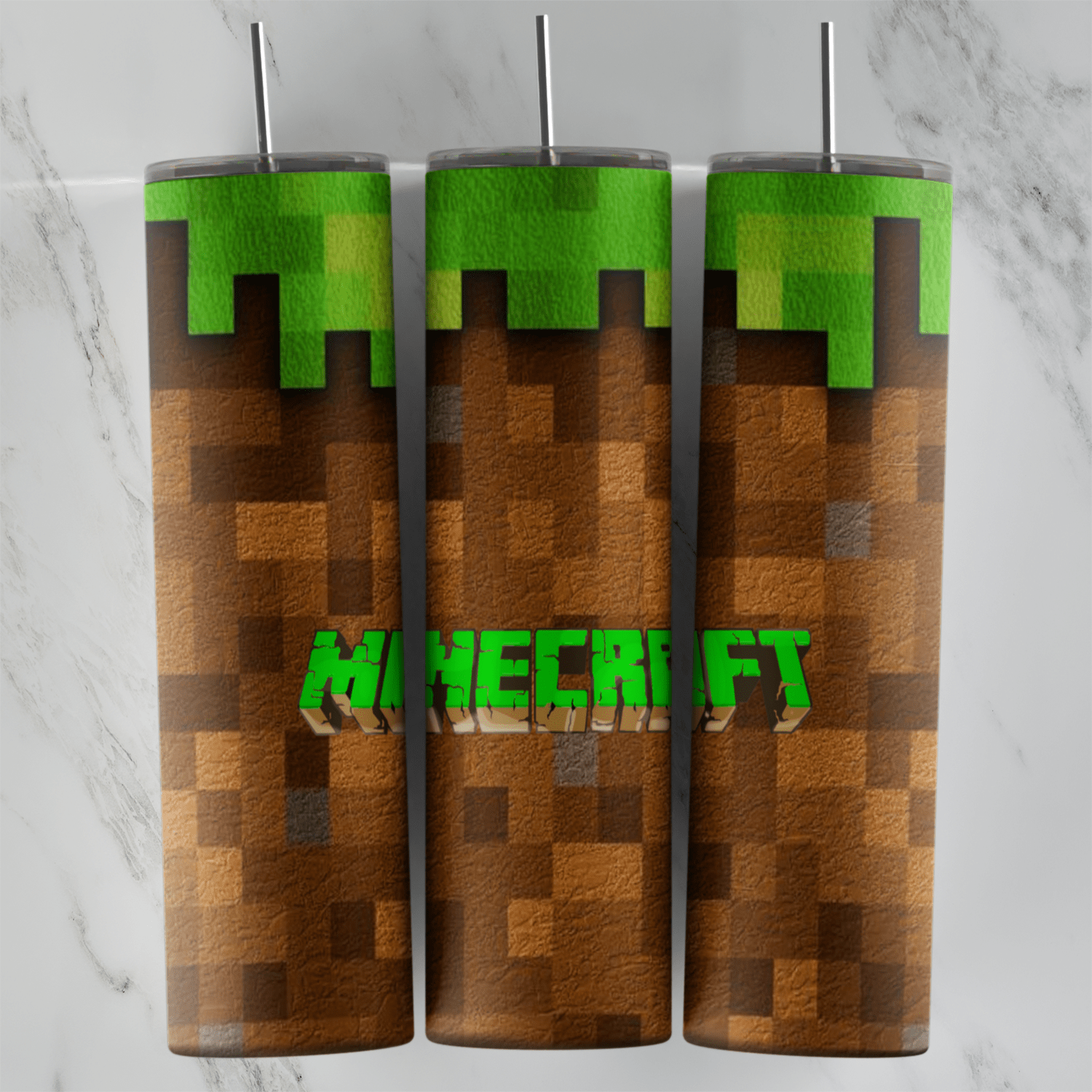 A 20 oz skinny tumbler wrap styled as a Minecraft grass block: pixel green grass dripping over brown dirt, with a green Minecraft. Sublimation design