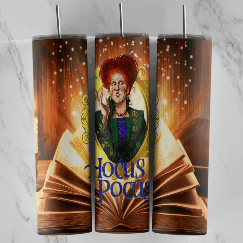 A 20 oz skinny tumbler wrap with Winifred Sanderson rising from a glowing open spellbook, with Hocus Pocus lettering and orange. Sublimation design