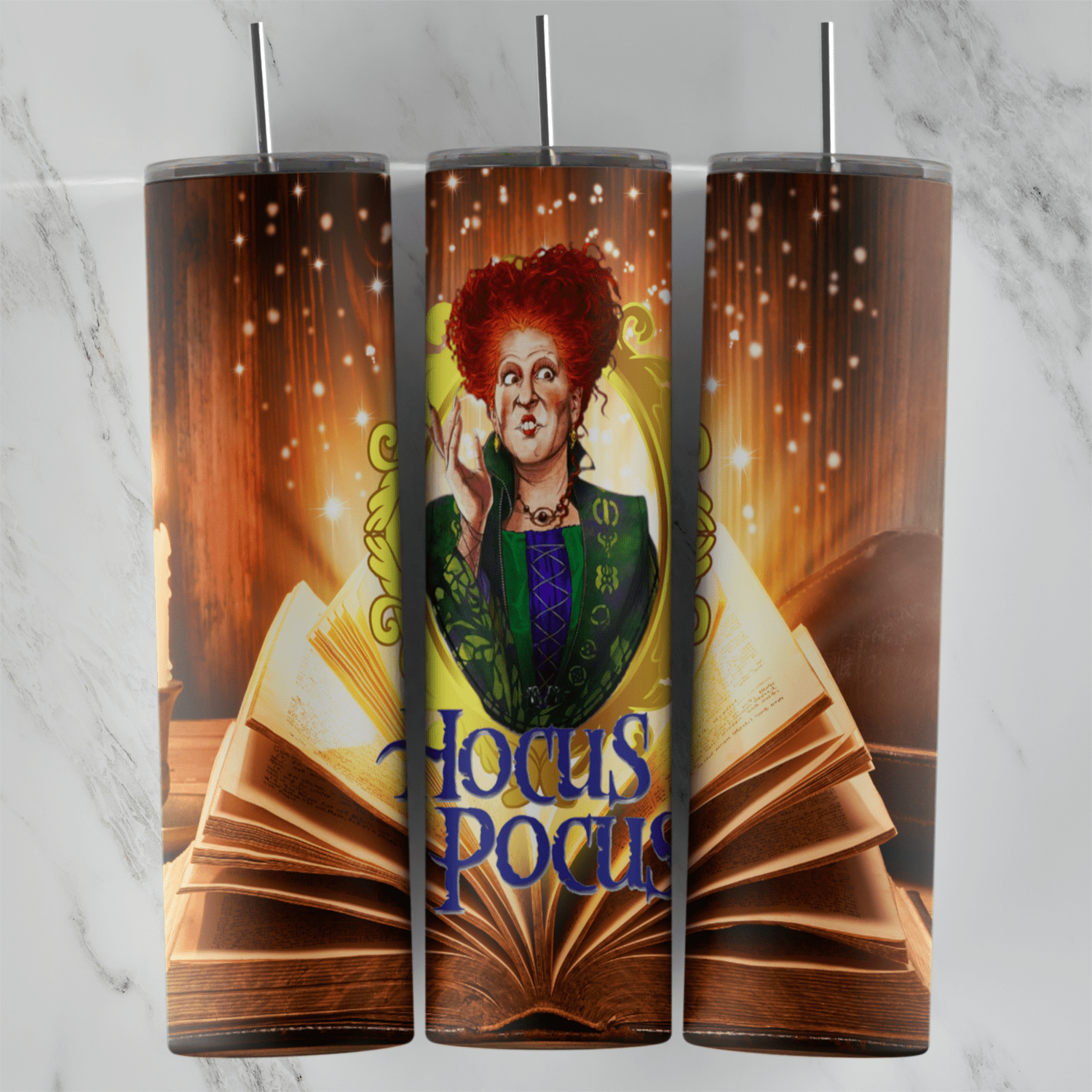 A 20 oz skinny tumbler wrap with Winifred Sanderson rising from a glowing open spellbook, with Hocus Pocus lettering and orange. Sublimation design