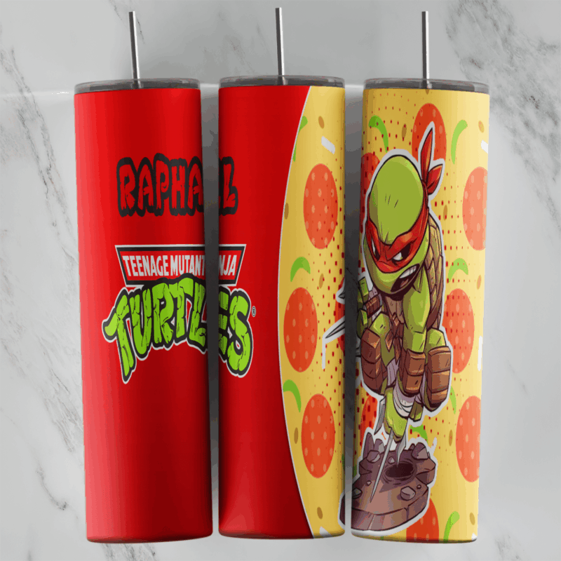 A 20 oz skinny tumbler wrap with Raphael lettering and the Teenage Mutant Ninja Turtles logo on red, and a chibi Raphael. Sublimation design