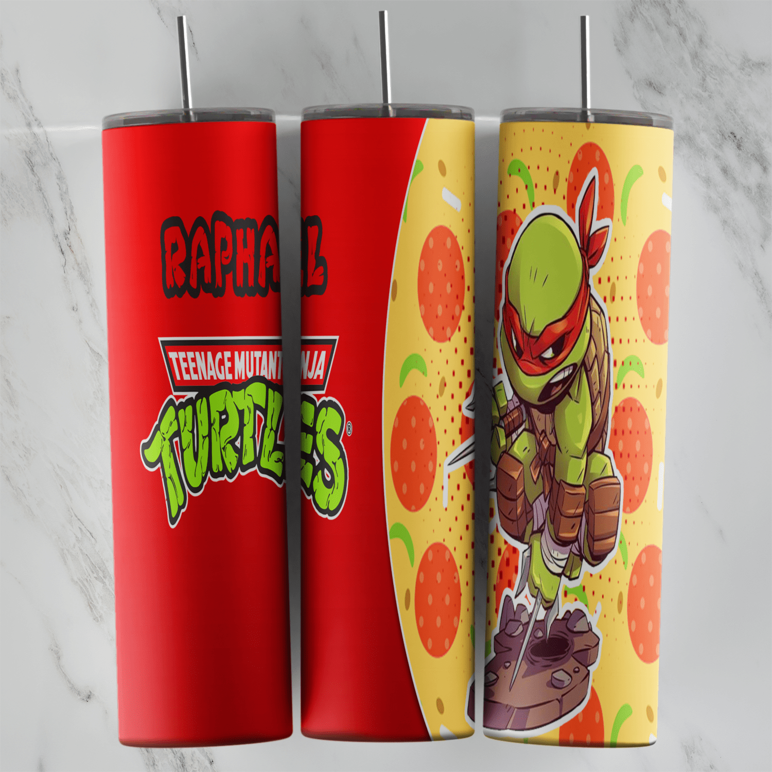A 20 oz skinny tumbler wrap with Raphael lettering and the Teenage Mutant Ninja Turtles logo on red, and a chibi Raphael. Sublimation design