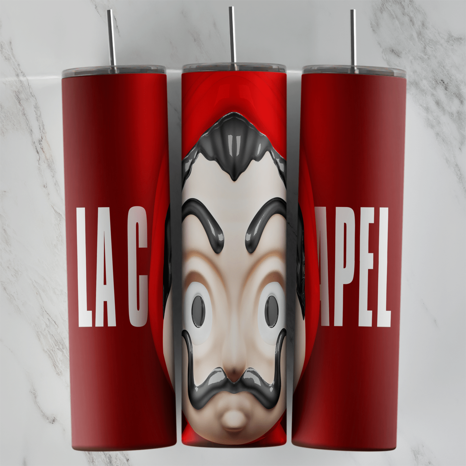 A full 20 oz skinny tumbler wrap on red with a large Dali mask in the center and white La Casa de Papel lettering across the sides. Sublimation design