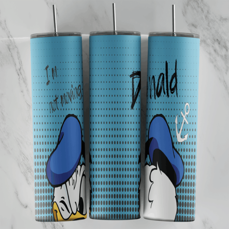 A full 20 oz skinny tumbler wrap in blue halftone with Donald Duck peeking up from the bottom in his sailor hat, Donald script. Sublimation design