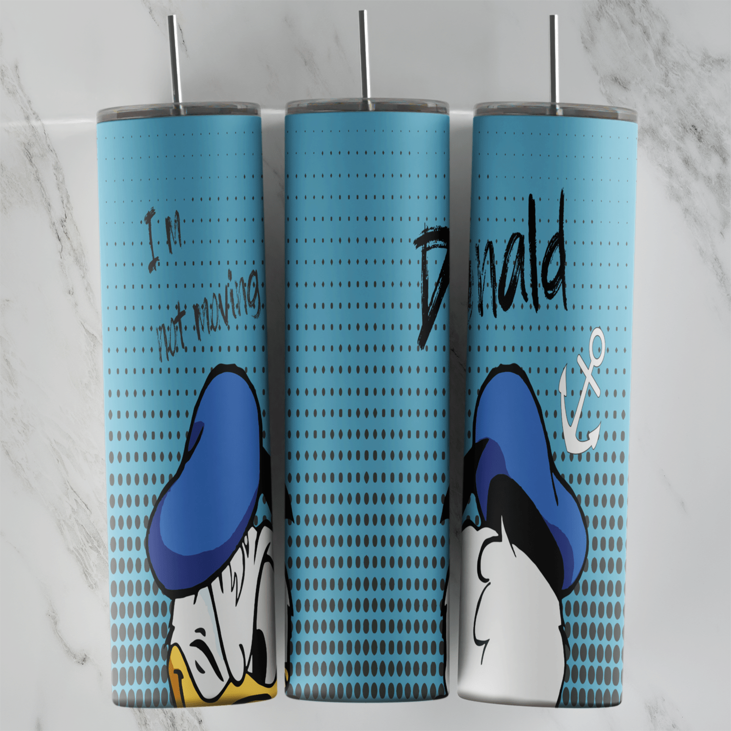 A full 20 oz skinny tumbler wrap in blue halftone with Donald Duck peeking up from the bottom in his sailor hat, Donald script. Sublimation design