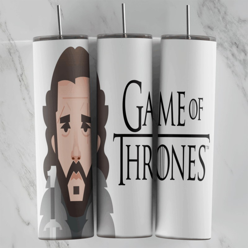 A 20 oz skinny tumbler wrap on white with a cartoon portrait of a long haired, bearded Jon Snow holding a sword and large black. Sublimation design