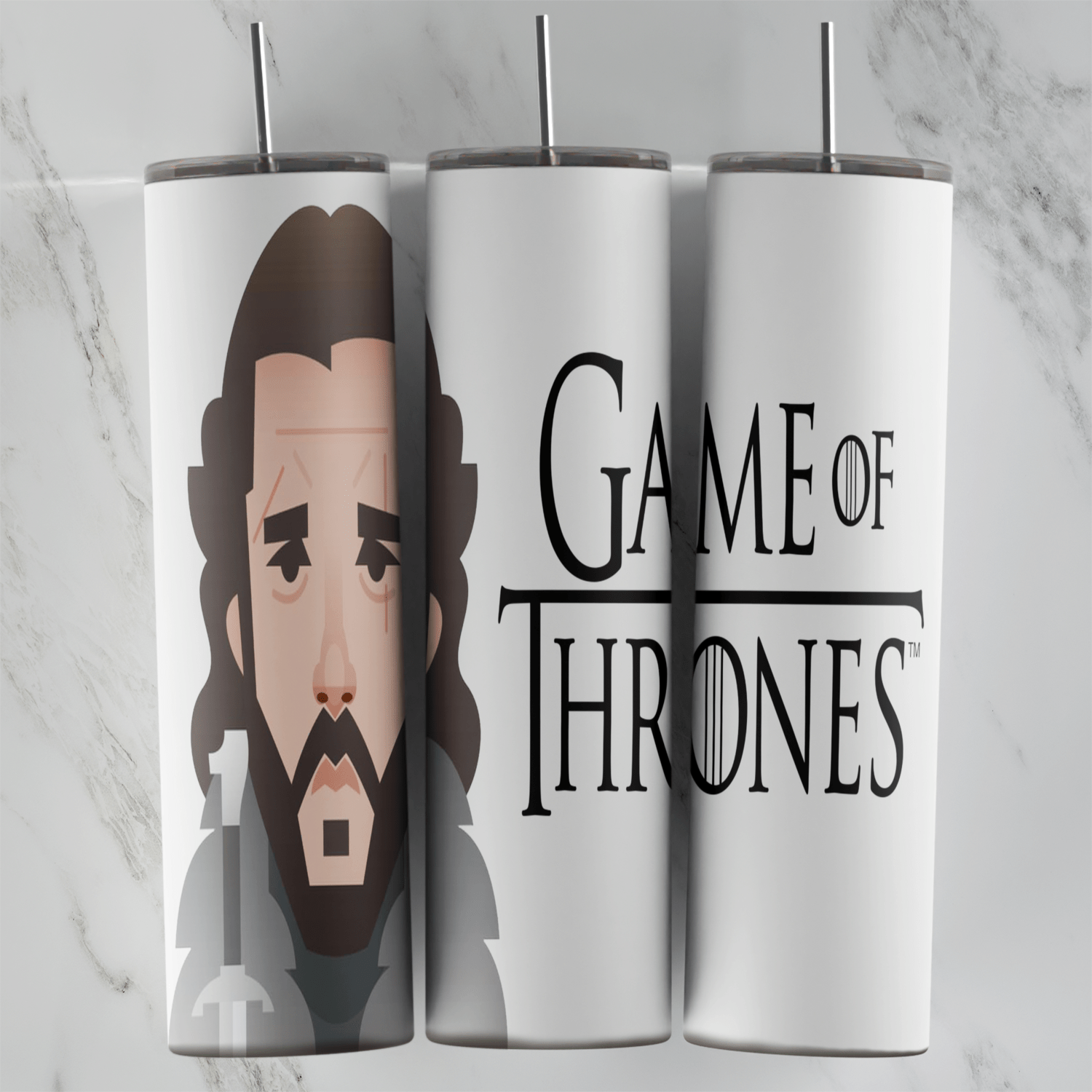 A 20 oz skinny tumbler wrap on white with a cartoon portrait of a long haired, bearded Jon Snow holding a sword and large black. Sublimation design
