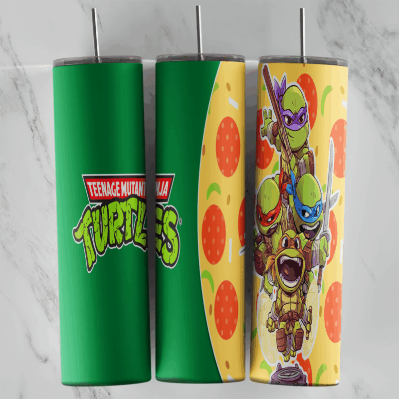 A 20 oz skinny tumbler wrap with the Teenage Mutant Ninja Turtles logo on green and all four chibi turtles stacked on a curved. Sublimation design