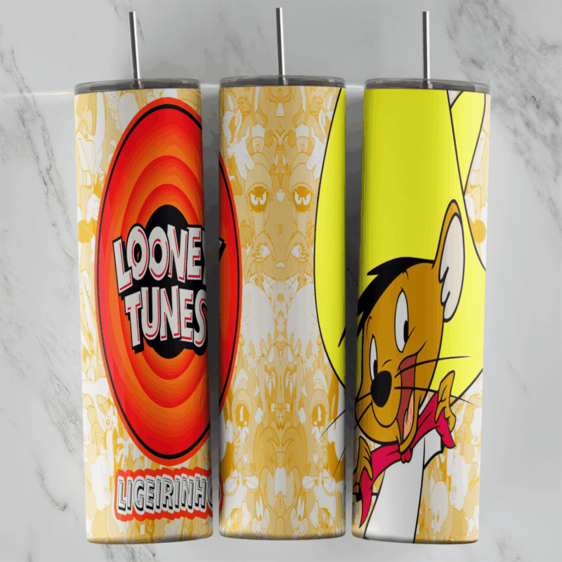 A full 20 oz skinny tumbler wrap in yellow with the red Looney Tunes logo and Ligeirinho lettering on one side and Speedy. Sublimation design