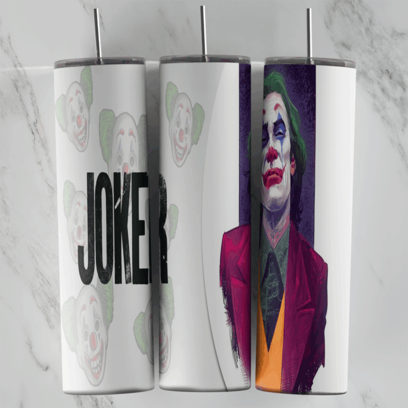 A Joker tumbler wrap with JOKER lettering and faded clown faces on white, and a painted Joker in a red suit, green hair and clown. Sublimation design