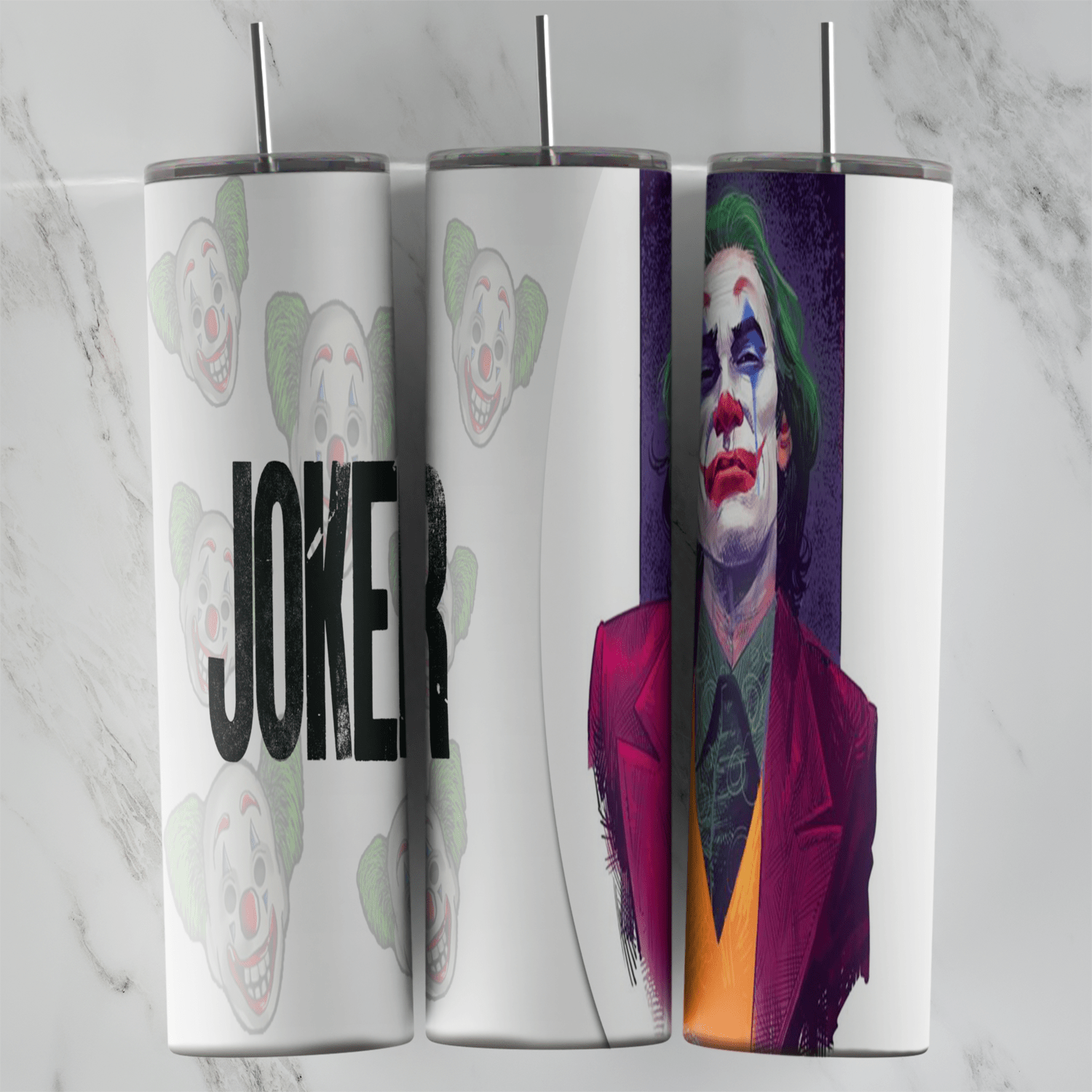 A Joker tumbler wrap with JOKER lettering and faded clown faces on white, and a painted Joker in a red suit, green hair and clown. Sublimation design