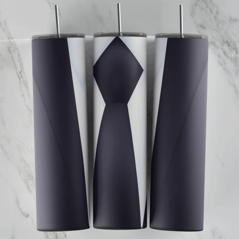 A suit tumbler wrap styled as a formal outfit: a dark gray jacket with lapels, a white shirt and a slim dark tie down the front. Sublimation design