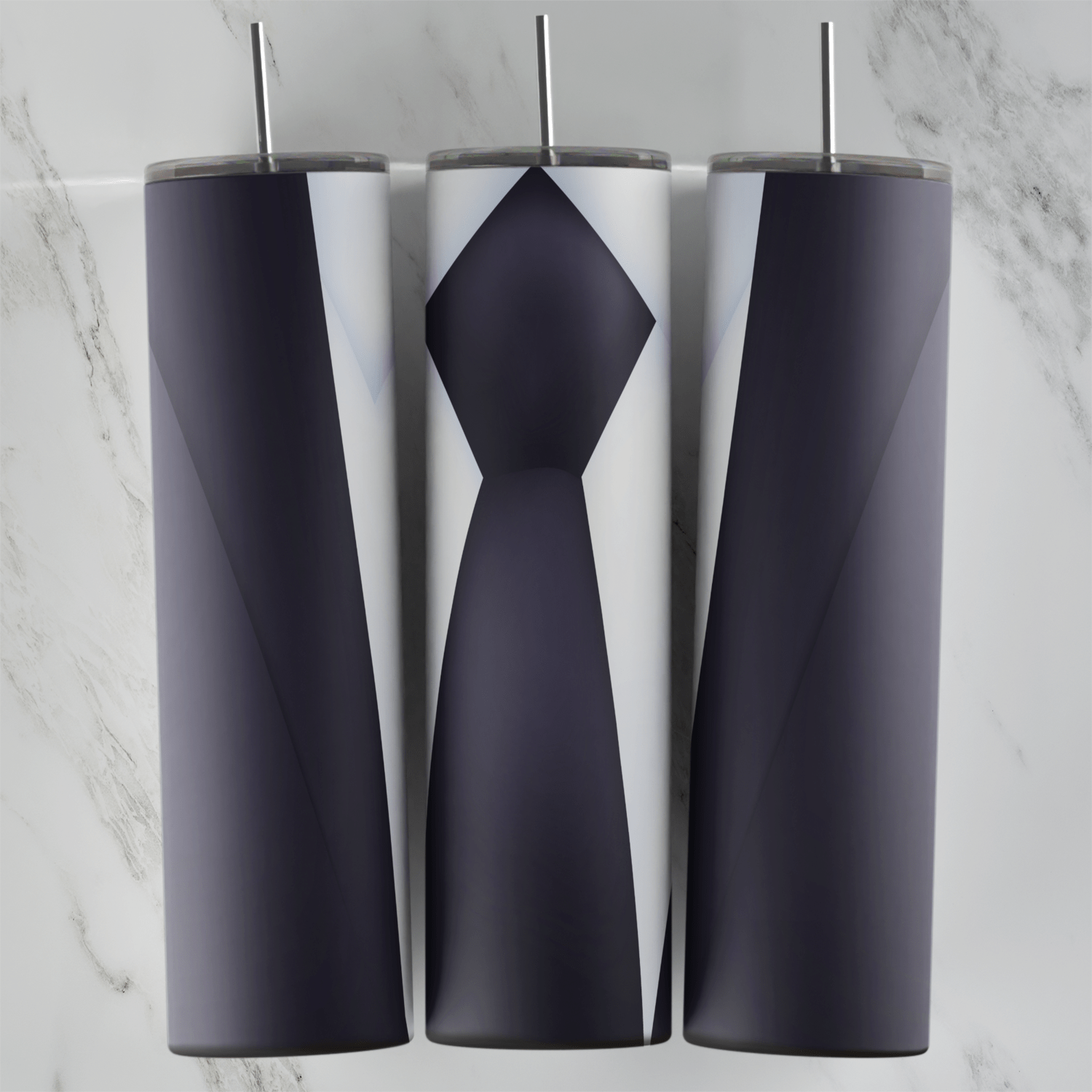 A suit tumbler wrap styled as a formal outfit: a dark gray jacket with lapels, a white shirt and a slim dark tie down the front. Sublimation design