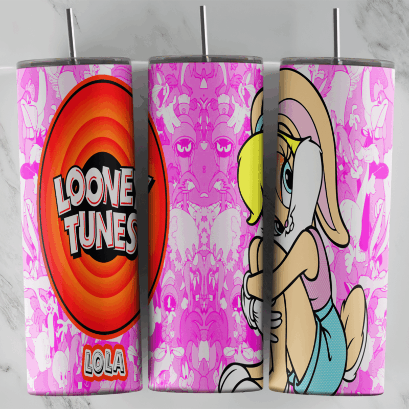 A full 20 oz skinny tumbler wrap of Lola Bunny beside the orange Looney Tunes logo, with Lola lettering on a pink character. Sublimation design