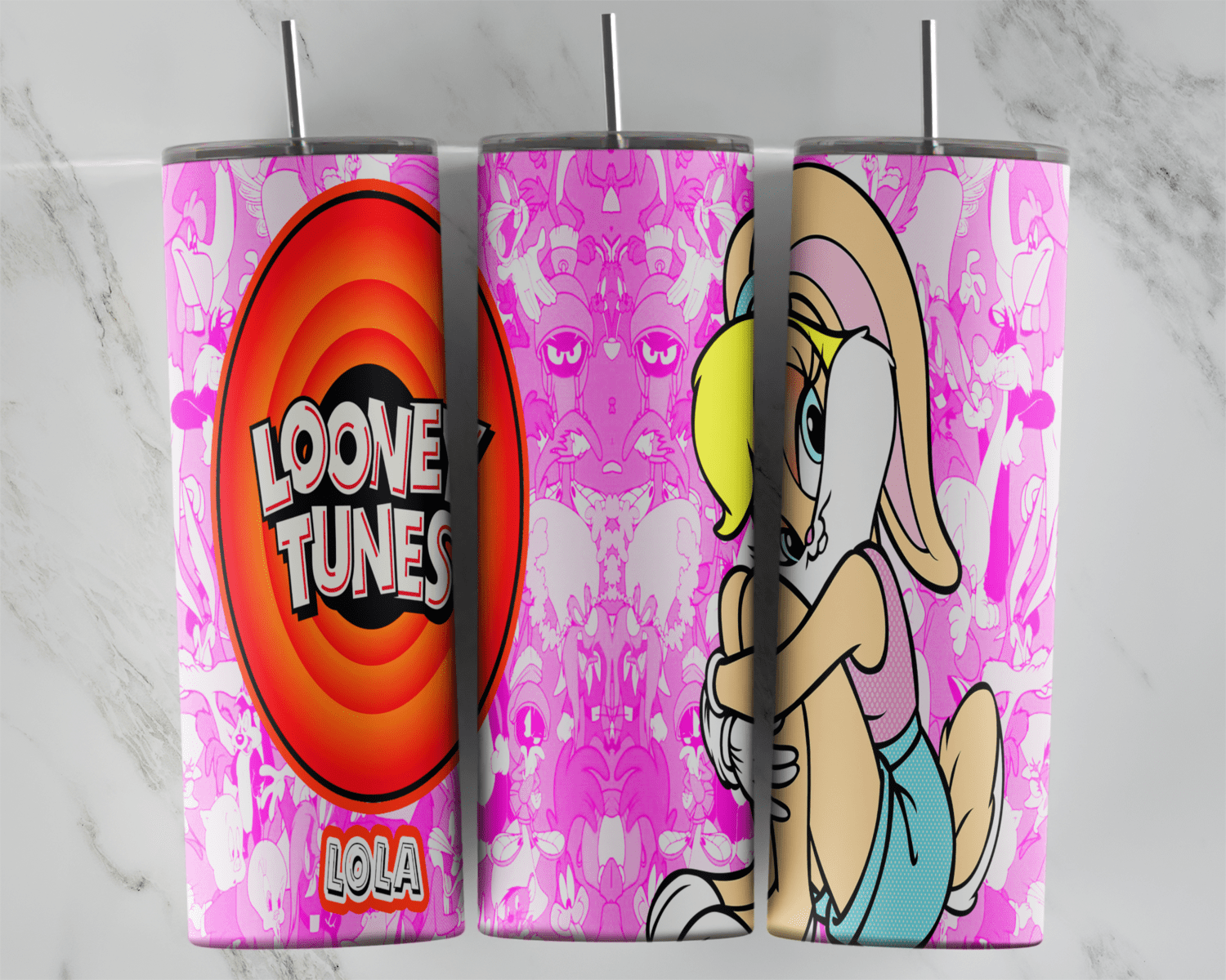 A full 20 oz skinny tumbler wrap of Lola Bunny beside the orange Looney Tunes logo, with Lola lettering on a pink character. Sublimation design