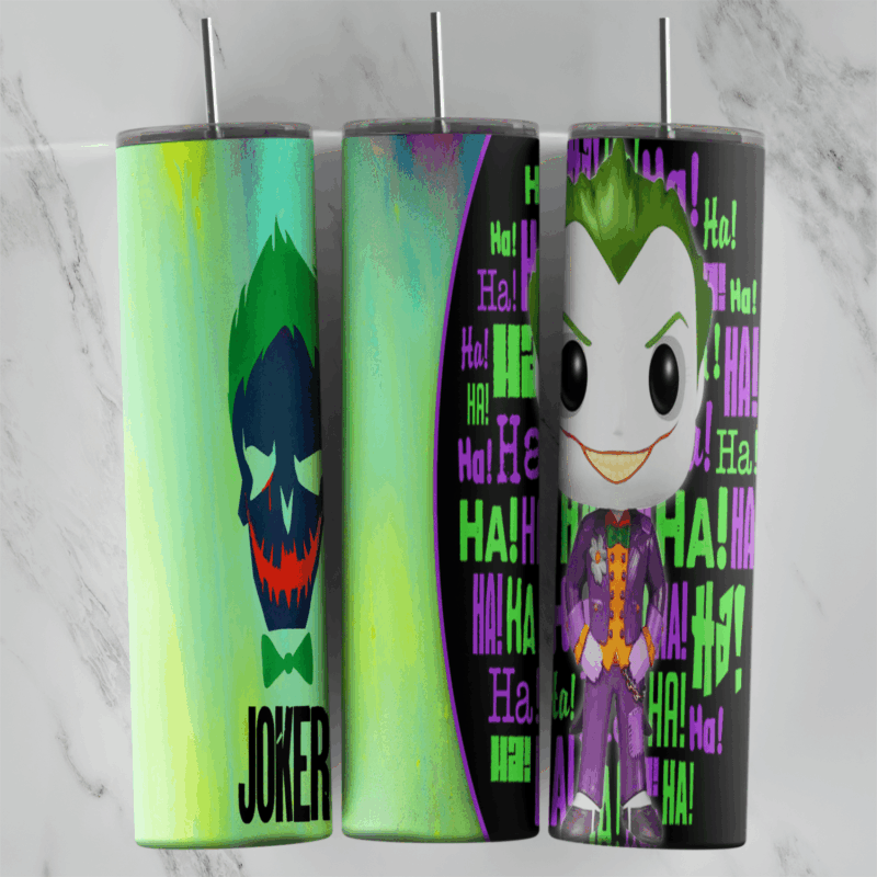 A Joker tumbler wrap on a green gradient with a Joker smile skull, JOKER lettering, a chibi Joker in a purple suit and green. Sublimation design