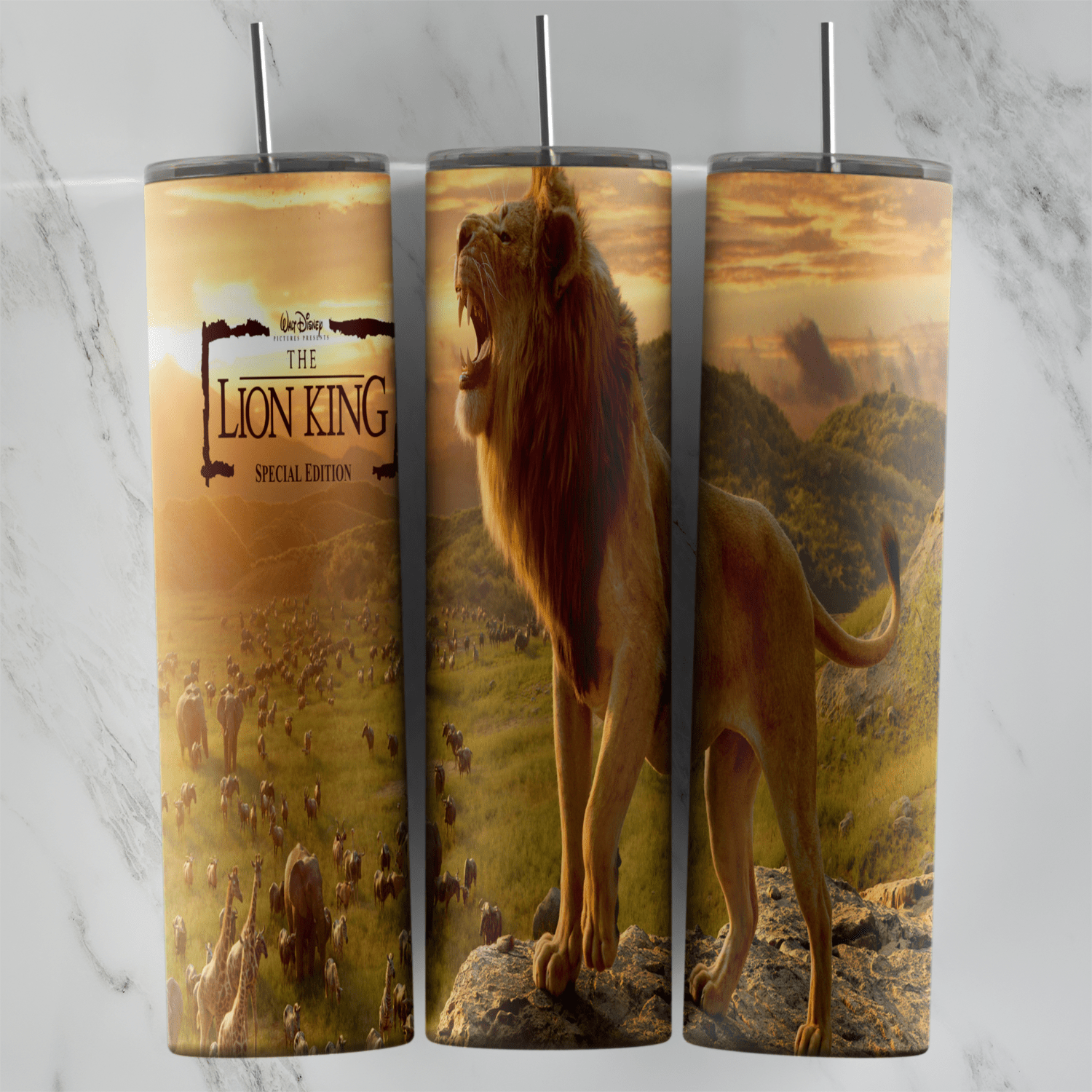 A full 20 oz skinny tumbler wrap with a lion standing on a rock over the golden savanna and The Lion King logo on the left. Sublimation design
