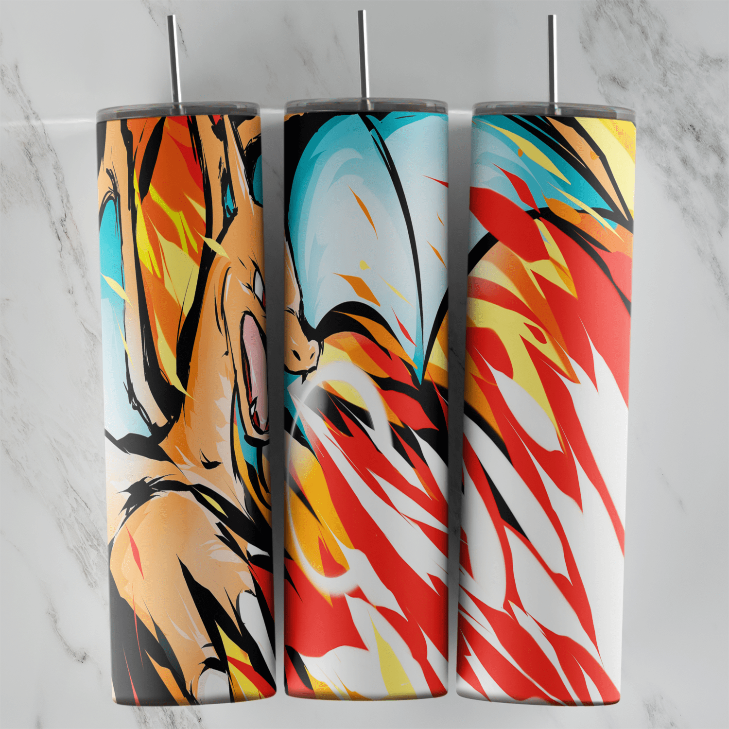 A 20 oz skinny tumbler wrap with a dynamic close up of Charizard in orange and cream, surrounded by sharp red, white and blue. Sublimation design