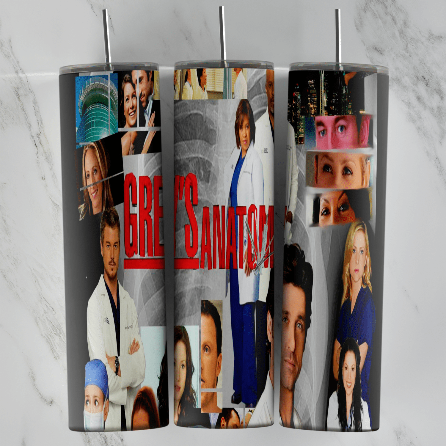 A Grey’s Anatomy tumbler wrap made of a photo collage of the cast in scrubs and white coats, with the Grey’s Anatomy title in red. Sublimation design