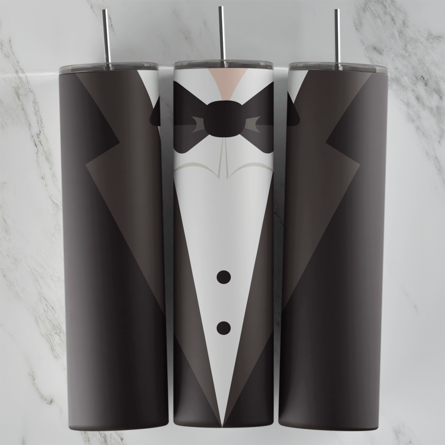 A suit tumbler wrap: a black tuxedo jacket with lapels over a white shirt with a black bow tie and black buttons. Sublimation design