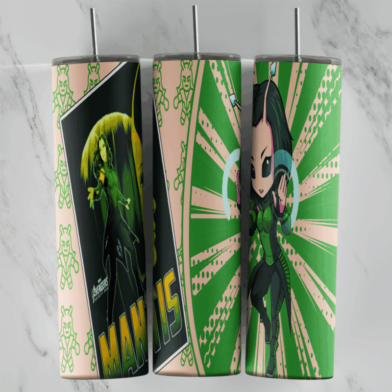 A 20 oz skinny tumbler wrap in green and peach pop art style: a Mantis poster panel with MANTIS lettering, sunburst rays. Sublimation design