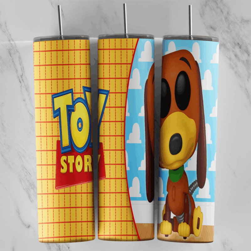 A 20 oz skinny tumbler wrap with the Toy Story logo on yellow plaid and a big-eyed Slinky Dog figure on blue cloud wallpaper. Sublimation design