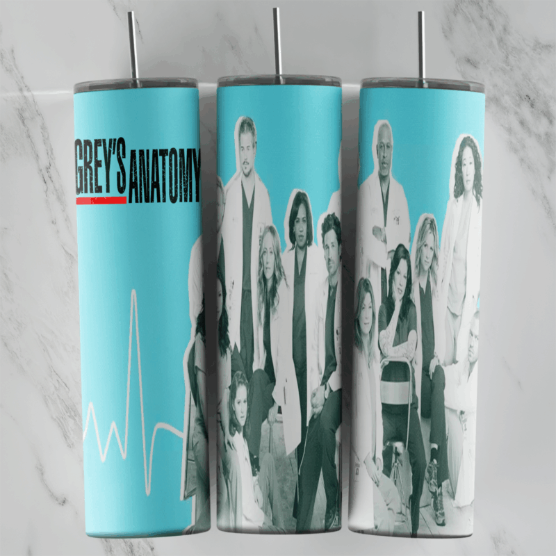 A Grey’s Anatomy tumbler wrap in turquoise with the show title, a heartbeat line and the cast in scrubs and white coats in black. Sublimation design