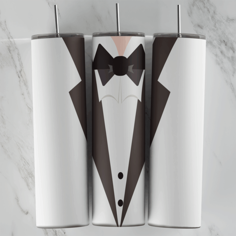 A suit tumbler wrap with a white tuxedo jacket with black lapels, a white shirt, a black bow tie and black buttons. Sublimation design