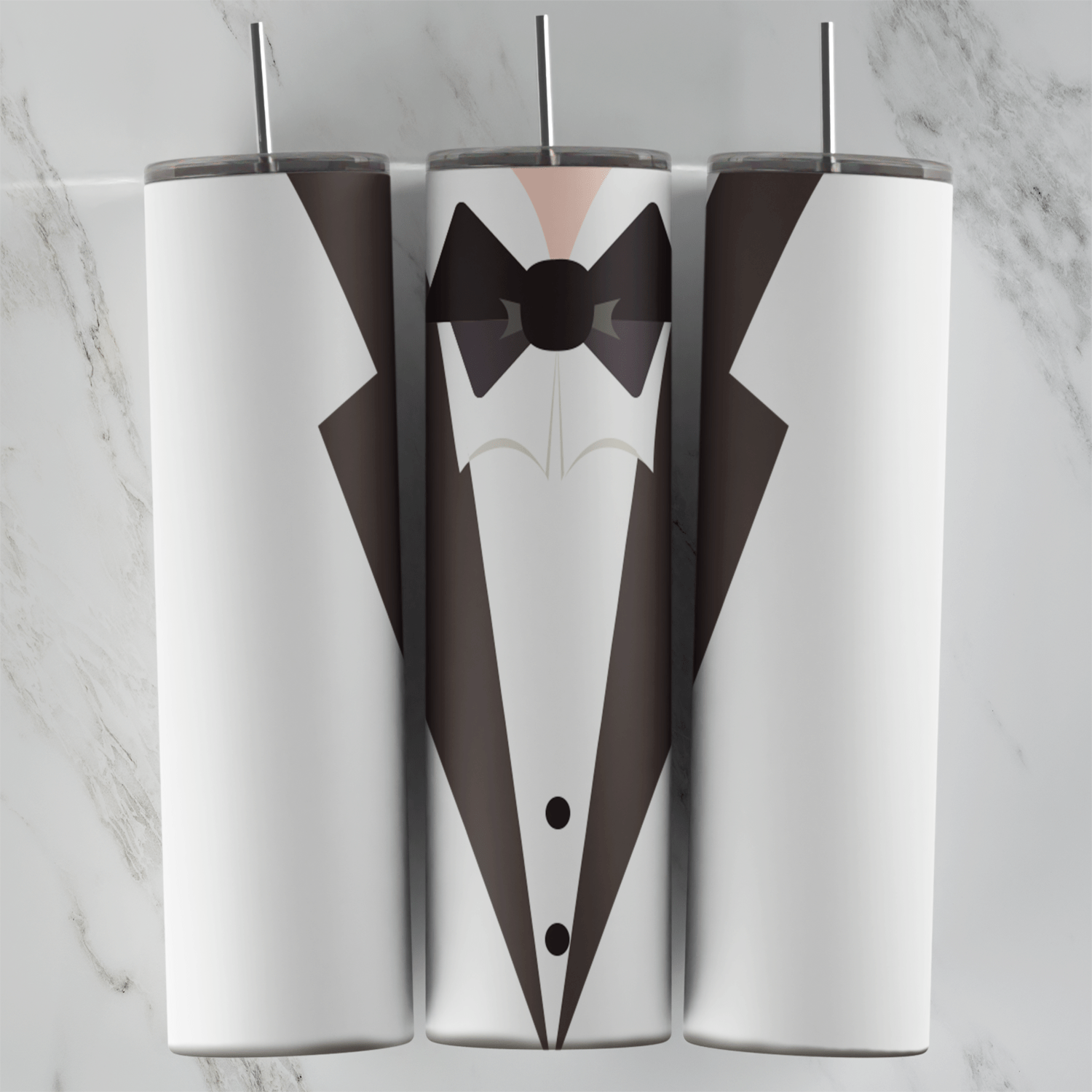 A suit tumbler wrap with a white tuxedo jacket with black lapels, a white shirt, a black bow tie and black buttons. Sublimation design