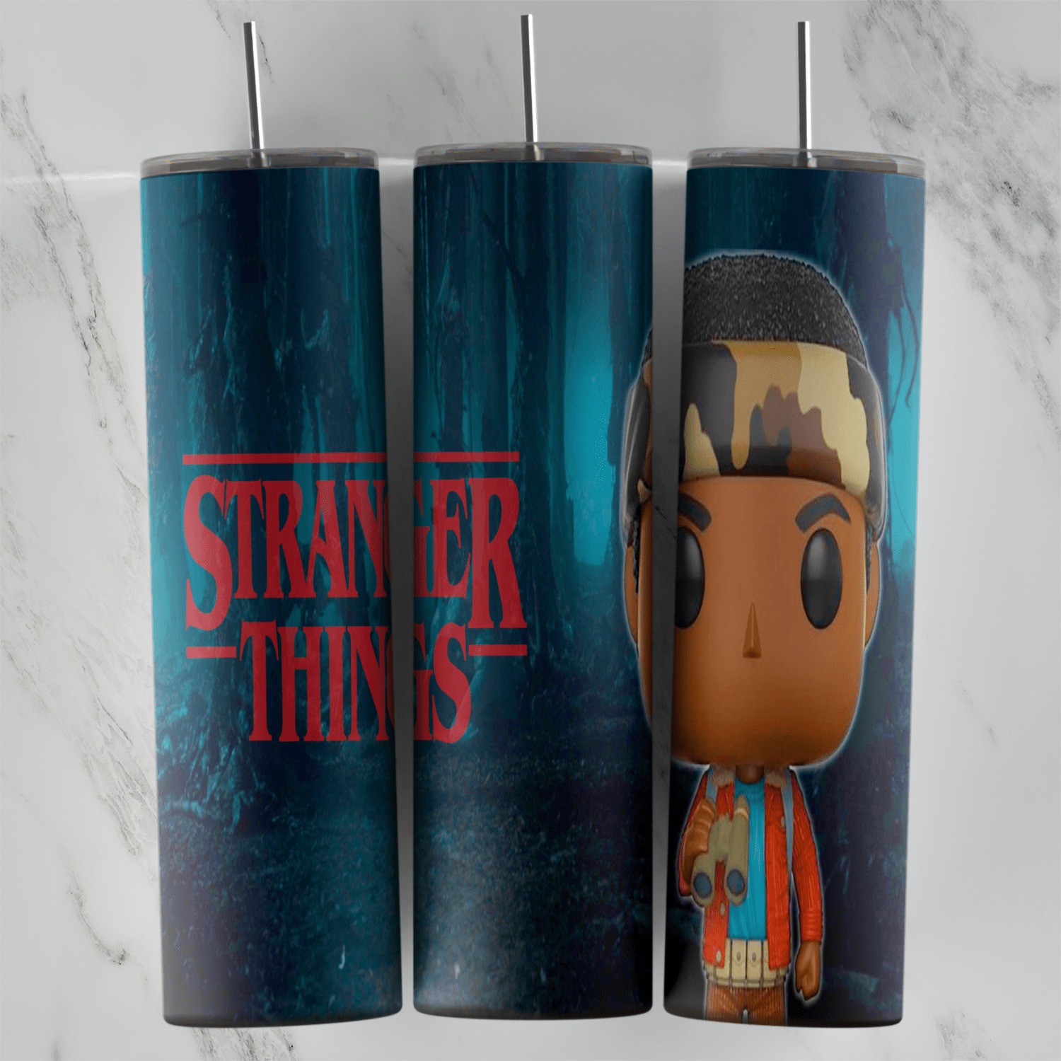 A dark teal Stranger Things tumbler wrap with the red title logo and a big headed chibi Lucas with his camo headband and red. Sublimation design