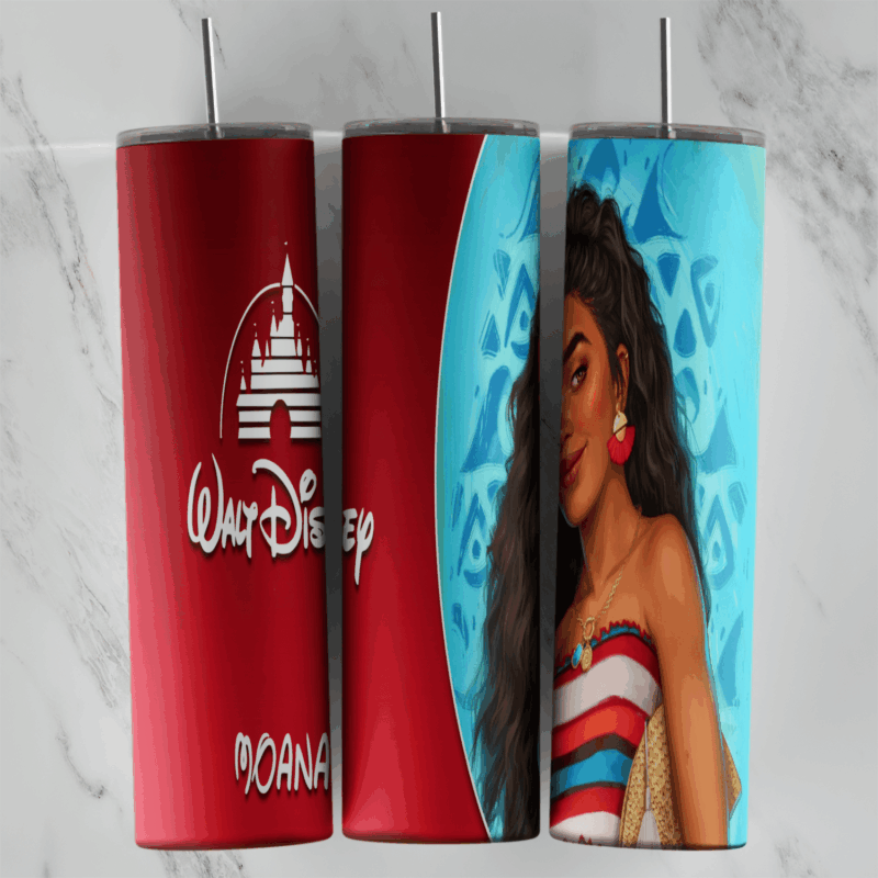 A red and blue Moana tumbler wrap: a red panel with the Walt Disney castle logo and Moana lettering, and a portrait of Moana. Sublimation design