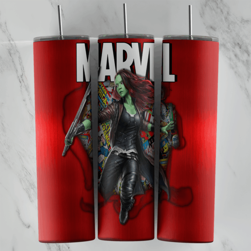 A 20 oz skinny tumbler wrap in glossy red with the big MARVEL logo on top and Gamora breaking out of a torn hole filled. Sublimation design