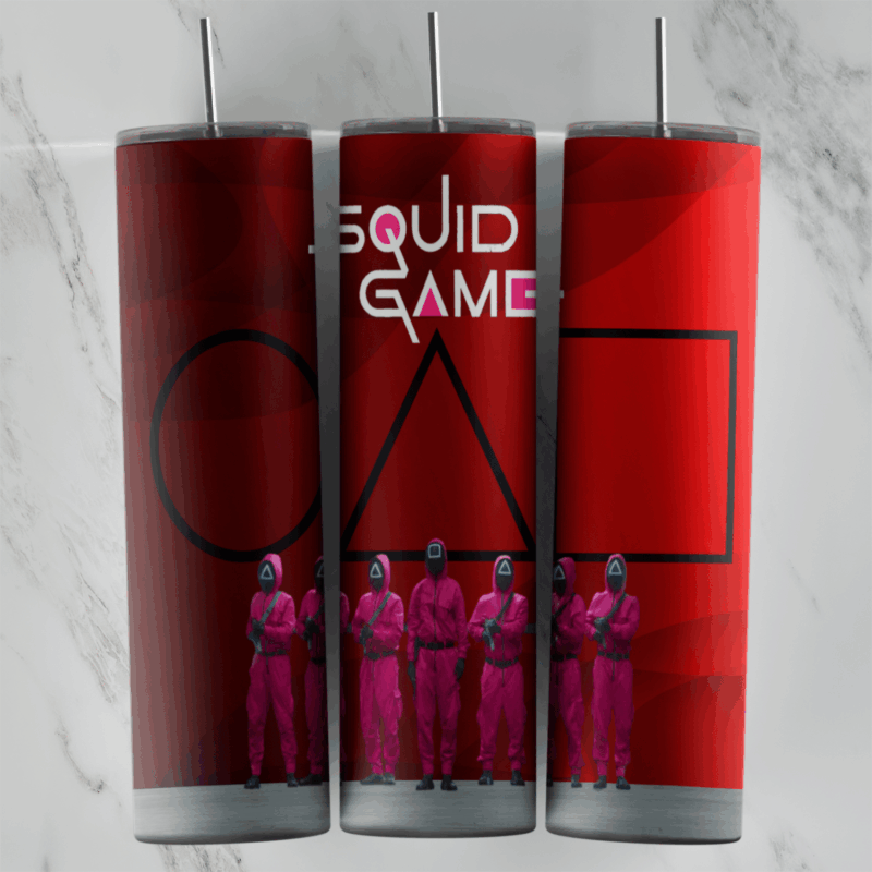 A Squid Game tumbler wrap in red with the Squid Game logo, large circle, triangle and square outlines and a line of pink suited. Sublimation design