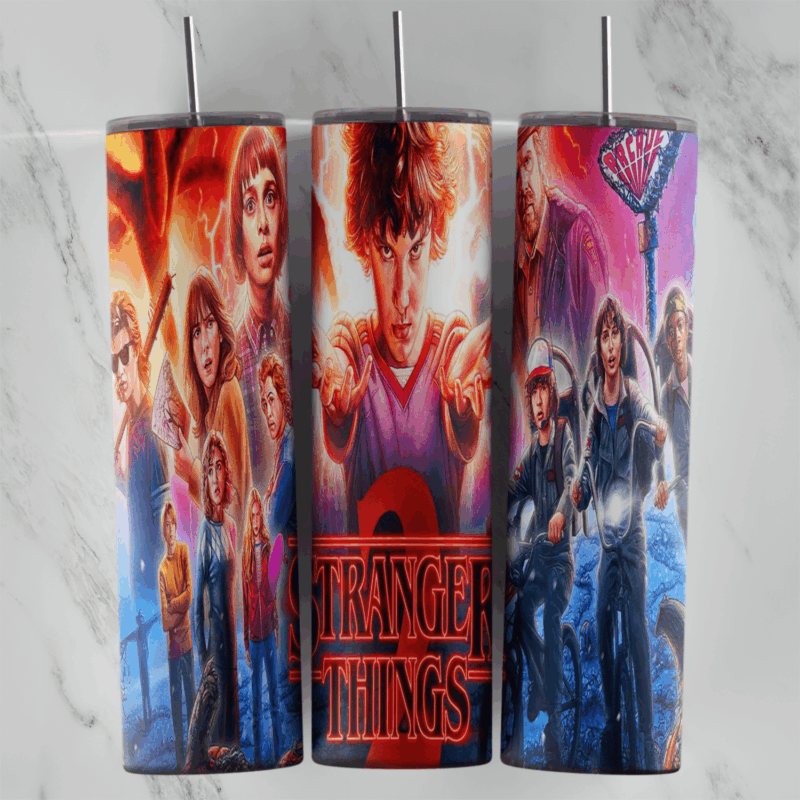 A Stranger Things tumbler wrap with poster style art of the cast in fiery red and electric blue light around the red Stranger. Sublimation design