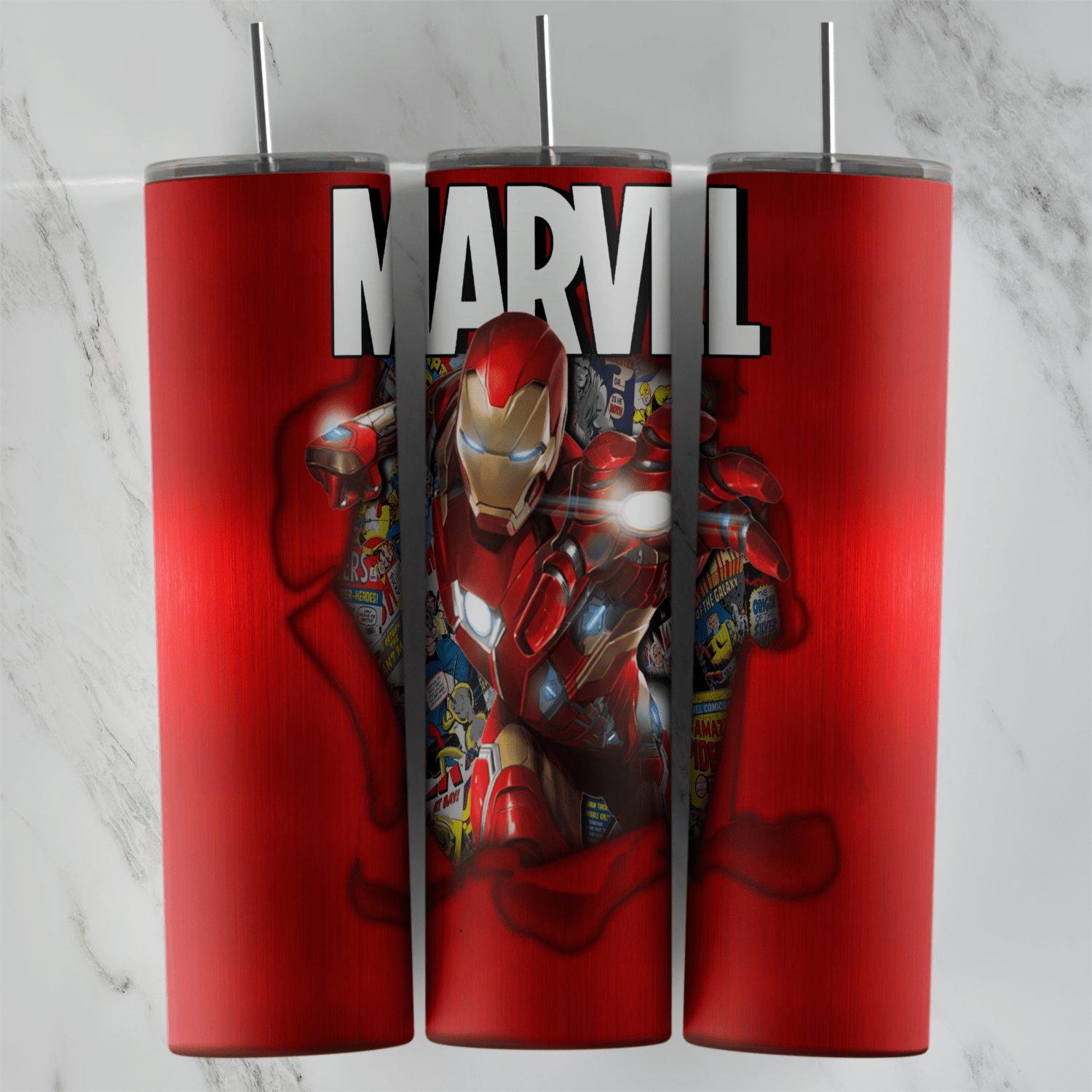 A 20 oz skinny tumbler wrap in glossy red with the big MARVEL logo on top and Iron Man breaking out of a torn hole filled. Sublimation design