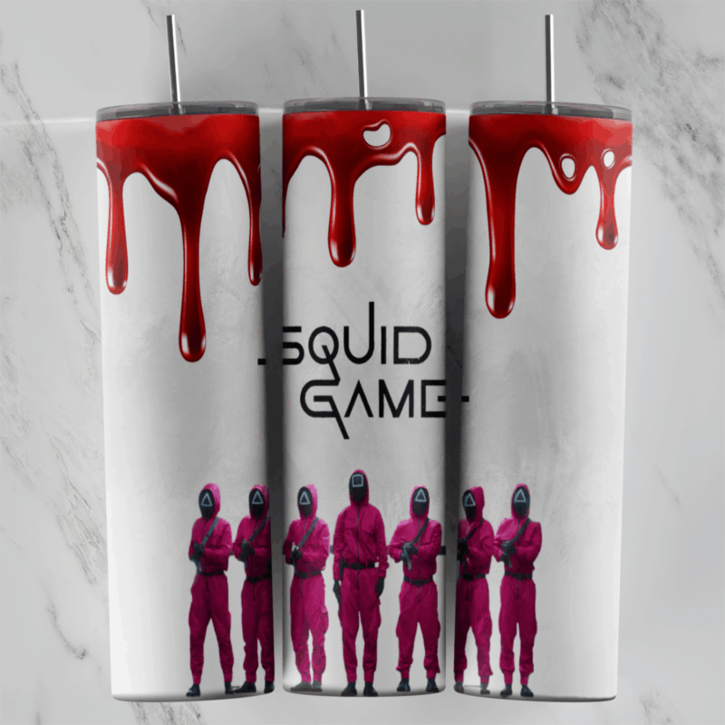 A Squid Game tumbler wrap: red blood drips along the top, the Squid Game logo in the middle and a row of pink suited guards along. Sublimation design