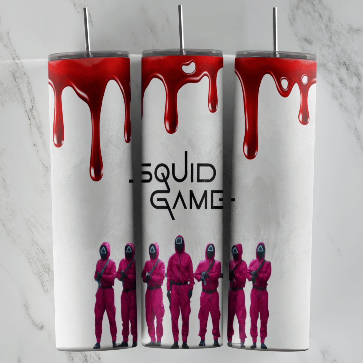 A Squid Game tumbler wrap: red blood drips along the top, the Squid Game logo in the middle and a row of pink suited guards along. Sublimation design