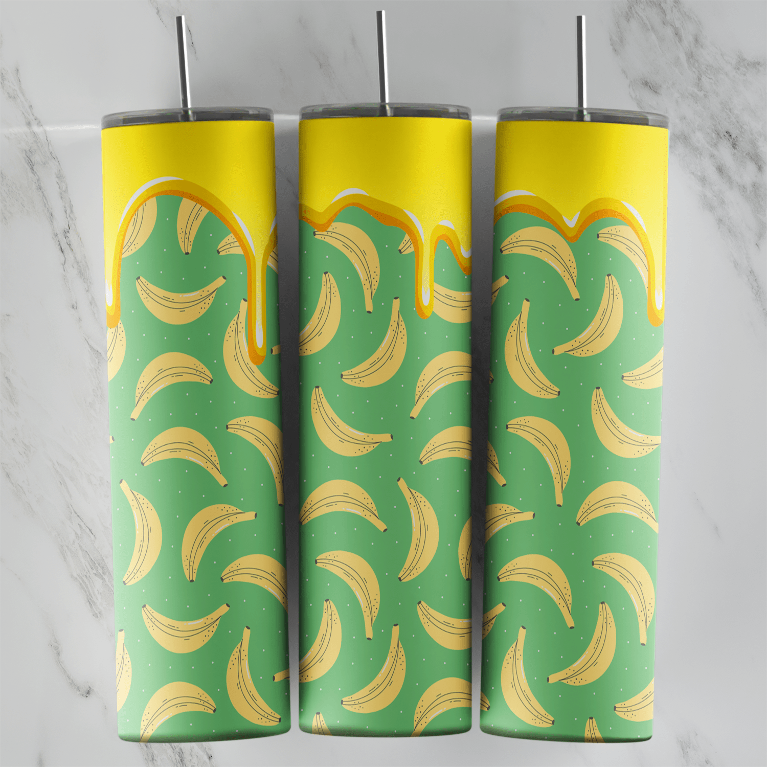 A full 20 oz skinny tumbler wrap with small yellow bananas scattered on light green, with a yellow drip border along the top. Sublimation design