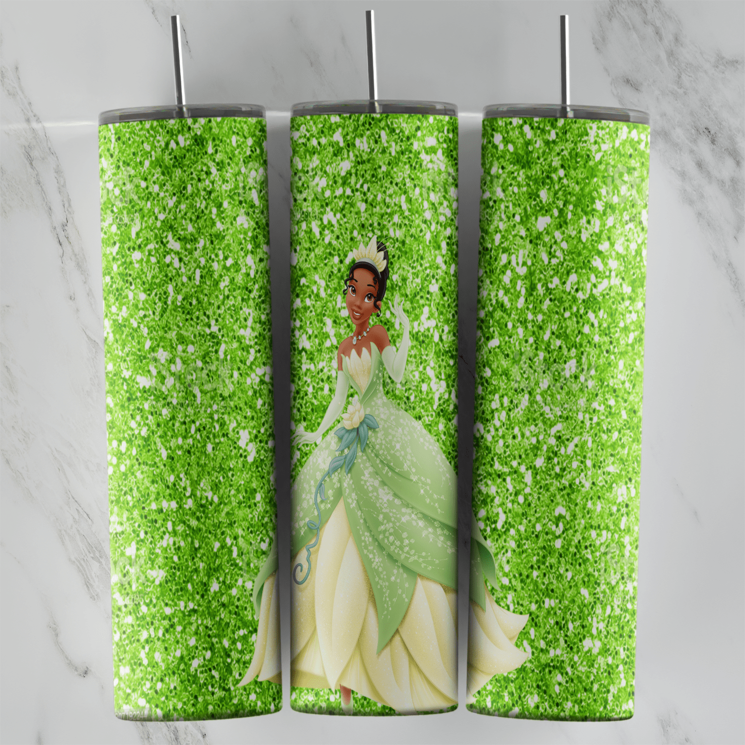 A 20 oz skinny tumbler wrap with Tiana in her pale green and yellow ball gown standing in the center of a lime green glitter. Sublimation design