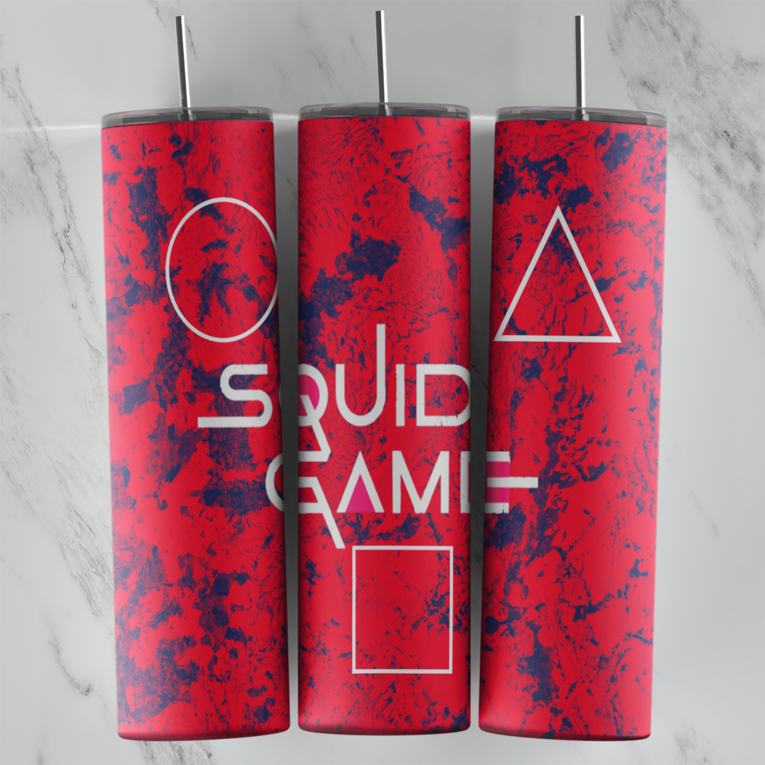 A Squid Game tumbler wrap on a red and navy marbled background with the Squid Game logo and white circle, triangle and square. Sublimation design