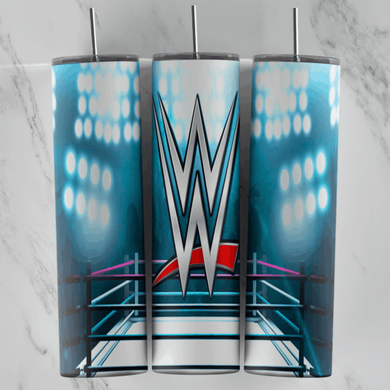 A WWE tumbler wrap with the large WWE logo above the ring ropes and bright blue arena spotlights. Sublimation design