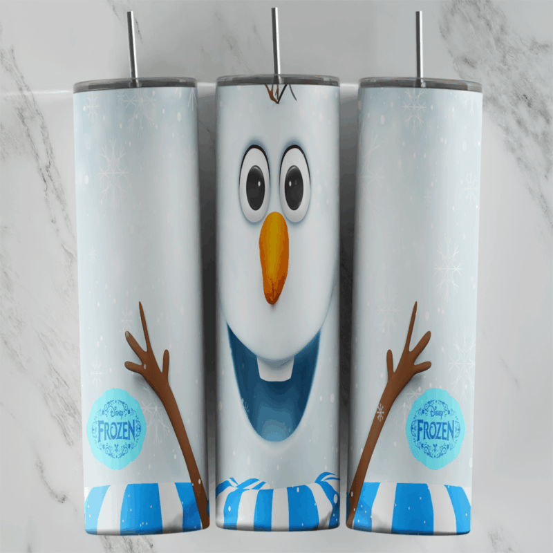 A 20 oz skinny tumbler wrap on white snow with a large Olaf face, carrot nose and toothy grin, twig arms, round Frozen badges. Sublimation design