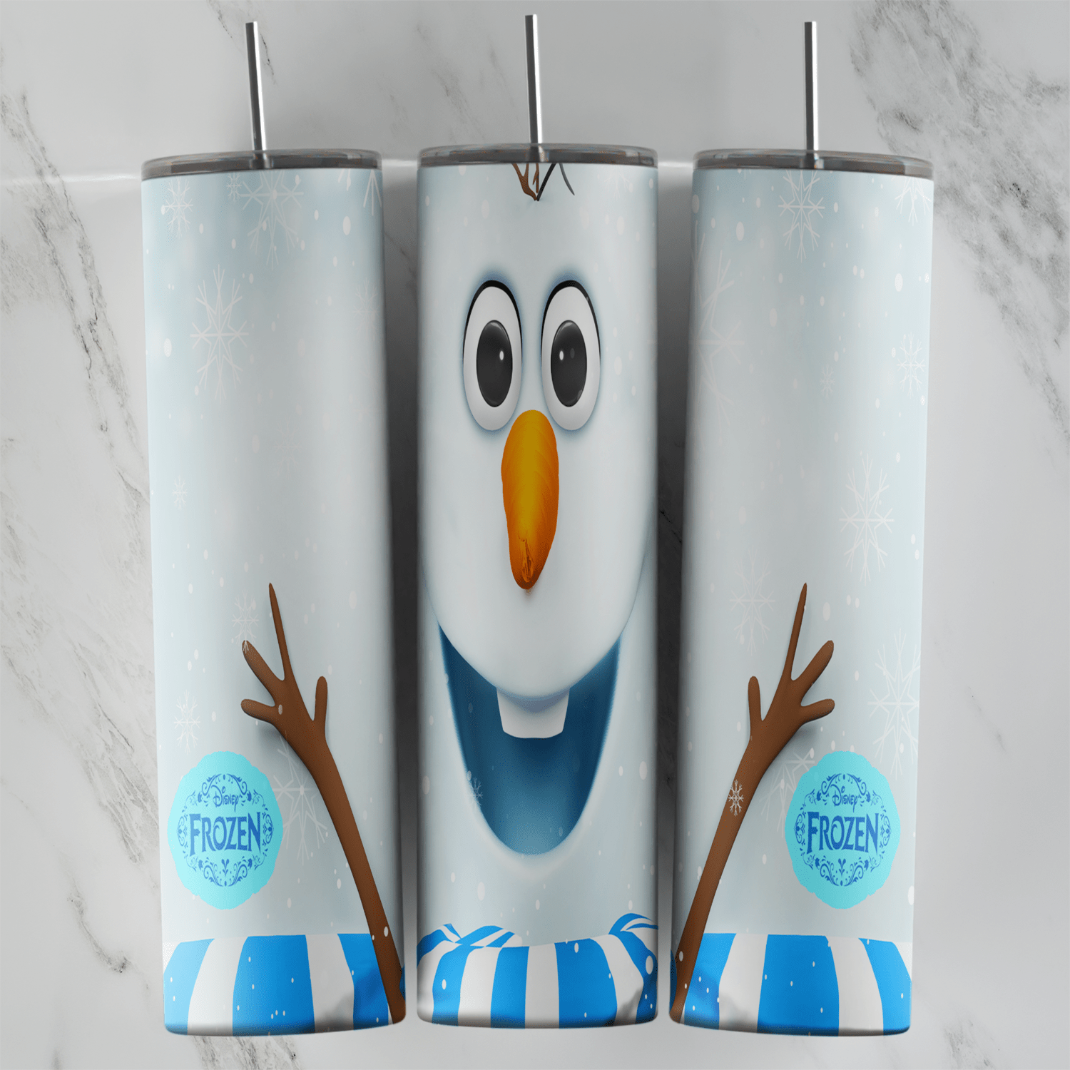 A 20 oz skinny tumbler wrap on white snow with a large Olaf face, carrot nose and toothy grin, twig arms, round Frozen badges. Sublimation design