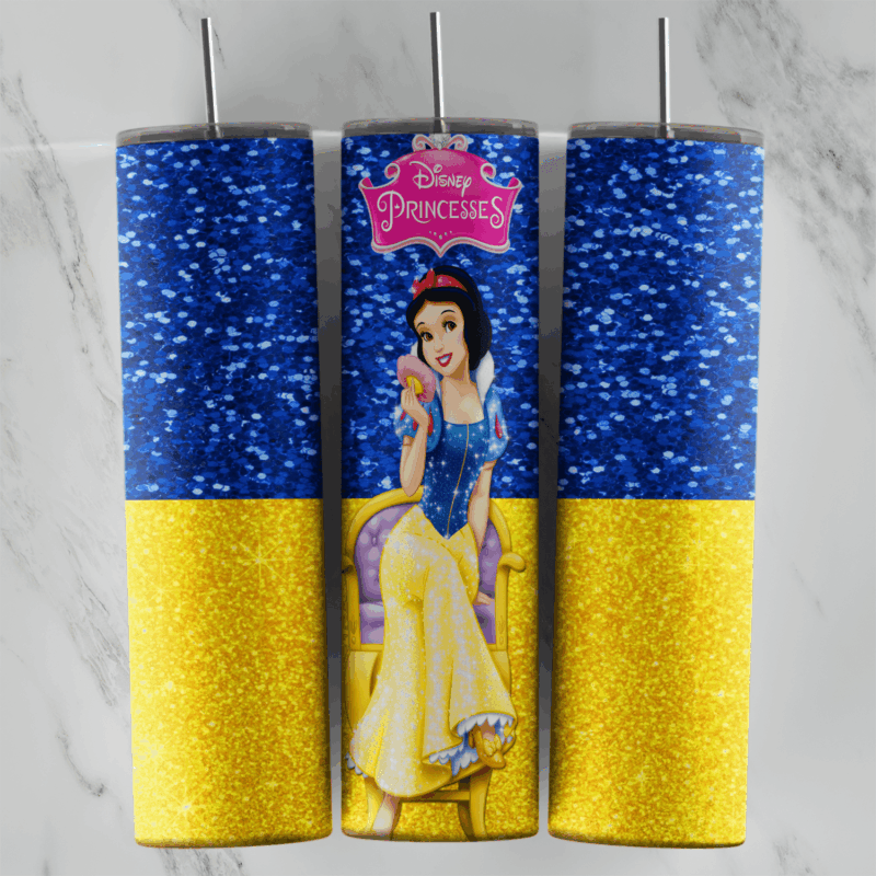 A 20 oz skinny tumbler wrap with Snow White and the Disney Princess logo, on blue glitter over yellow glitter like her dress. Sublimation design