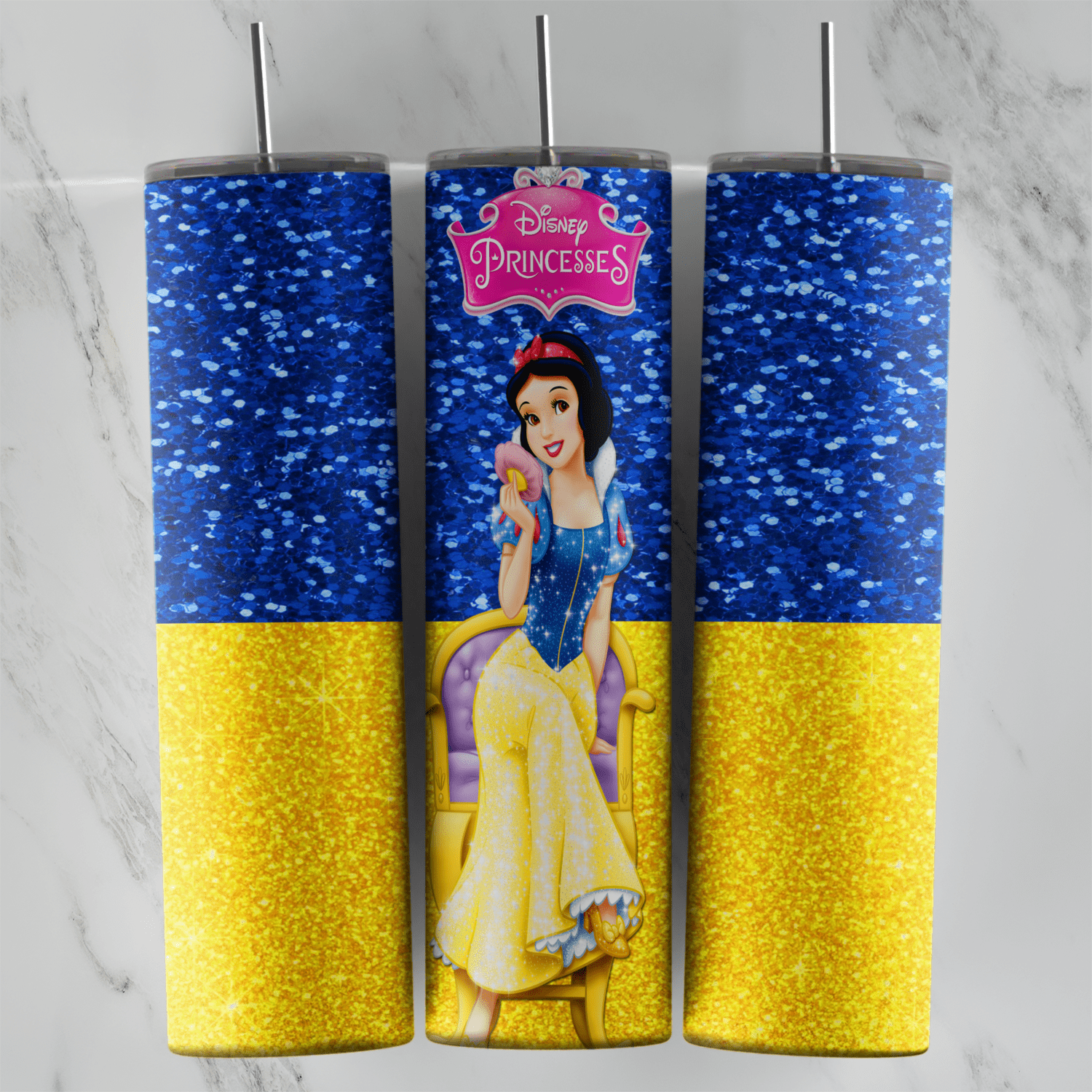 A 20 oz skinny tumbler wrap with Snow White and the Disney Princess logo, on blue glitter over yellow glitter like her dress. Sublimation design