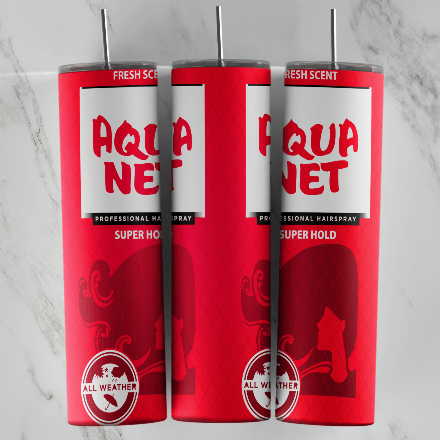 A full 20 oz skinny tumbler wrap styled as a red Aqua Net hairspray can: the white label with Aqua Net lettering, Fresh Scent. Sublimation design