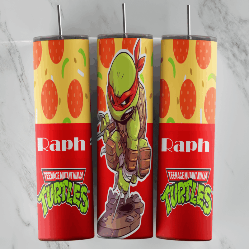 A 20 oz skinny tumbler wrap with a chibi Raphael, Raph lettering and the Teenage Mutant Ninja Turtles logo on red below. Sublimation design